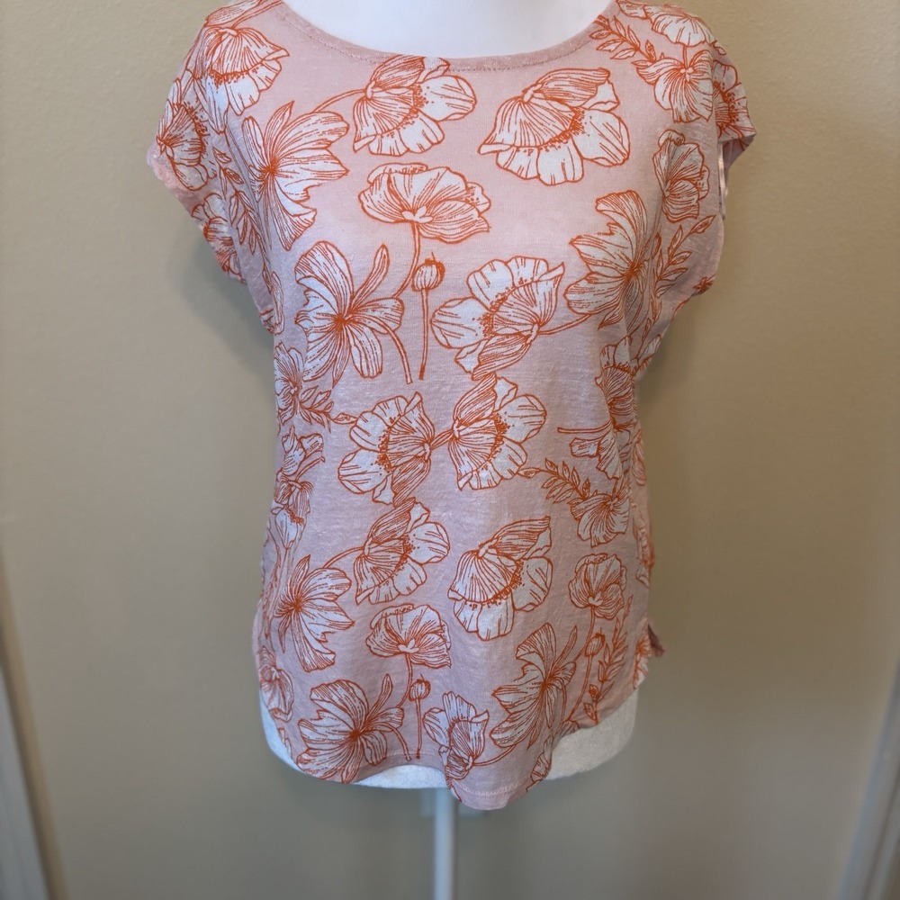 Cynthia Rowley Women's S Salmon  Floral 100%‎ Linen Round Neck Top Boho